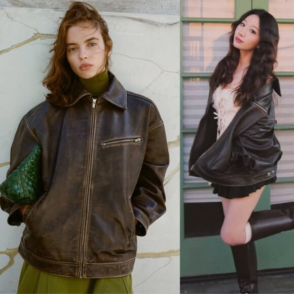 Reformation‎ Veda Marco Pitstop Brown Leather Oversized Bomber Jacket Size XL - Picture 1 of 16